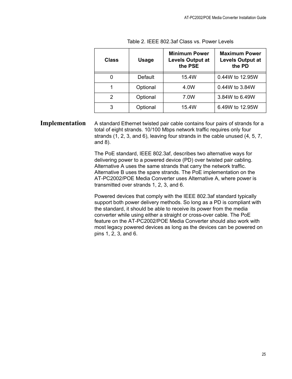 Implementation, Table 2: ieee 802.3af class vs. power levels | Allied Telesis AT-PC2002/POE User Manual | Page 25 / 68