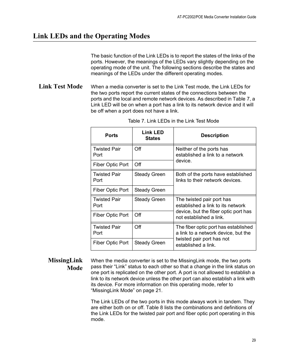 Link leds and the operating modes, Link test mode, Missinglink mode | Link test mode missinglink mode, Table 7: link leds in the link test mode | Allied Telesis AT-PC2002/POE User Manual | Page 29 / 68