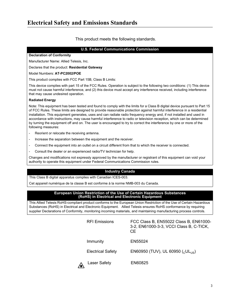 Electrical safety and emissions standards | Allied Telesis AT-PC2002/POE User Manual | Page 3 / 68