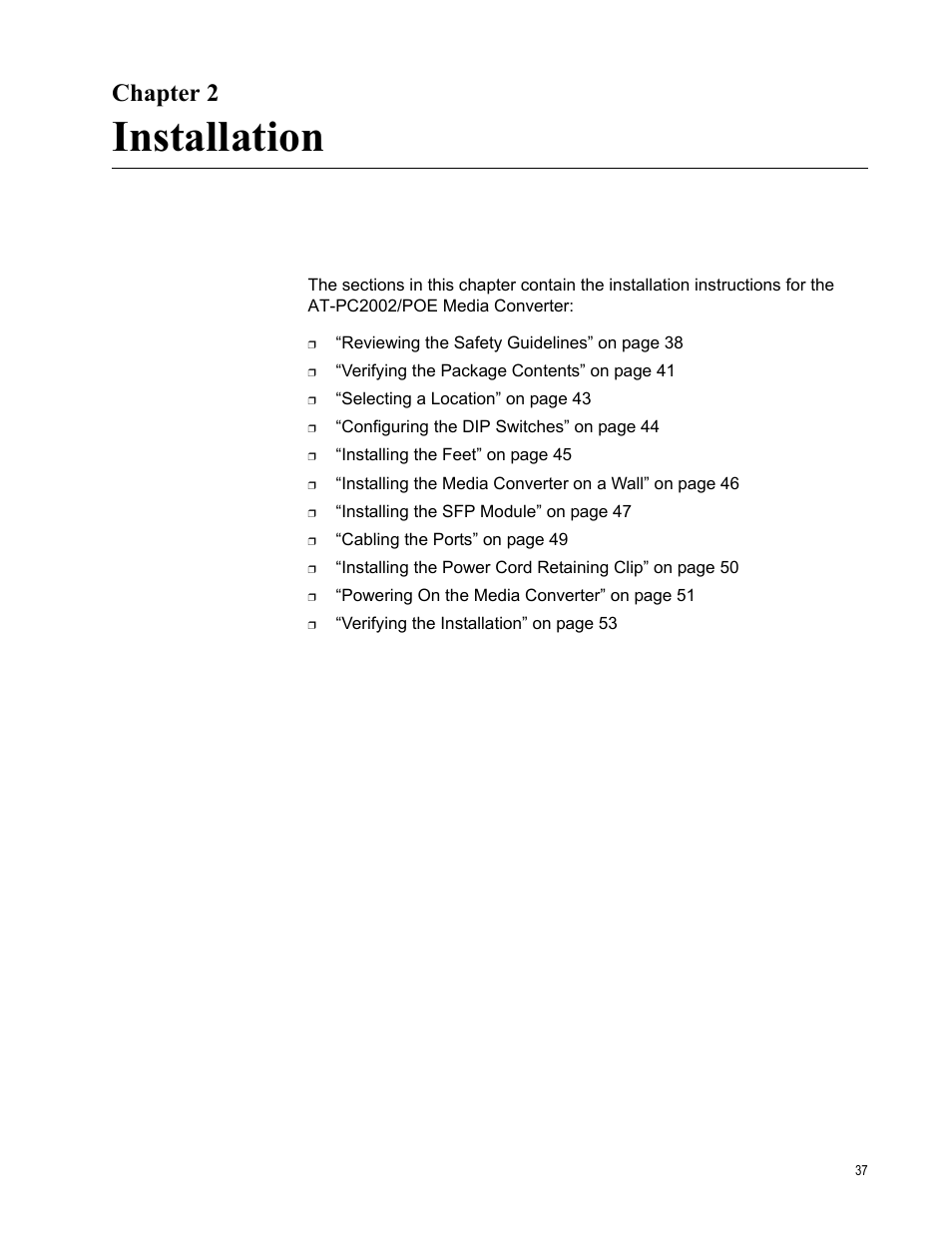 Chapter 2, Installation, Chapter 2: installation | Allied Telesis AT-PC2002/POE User Manual | Page 37 / 68