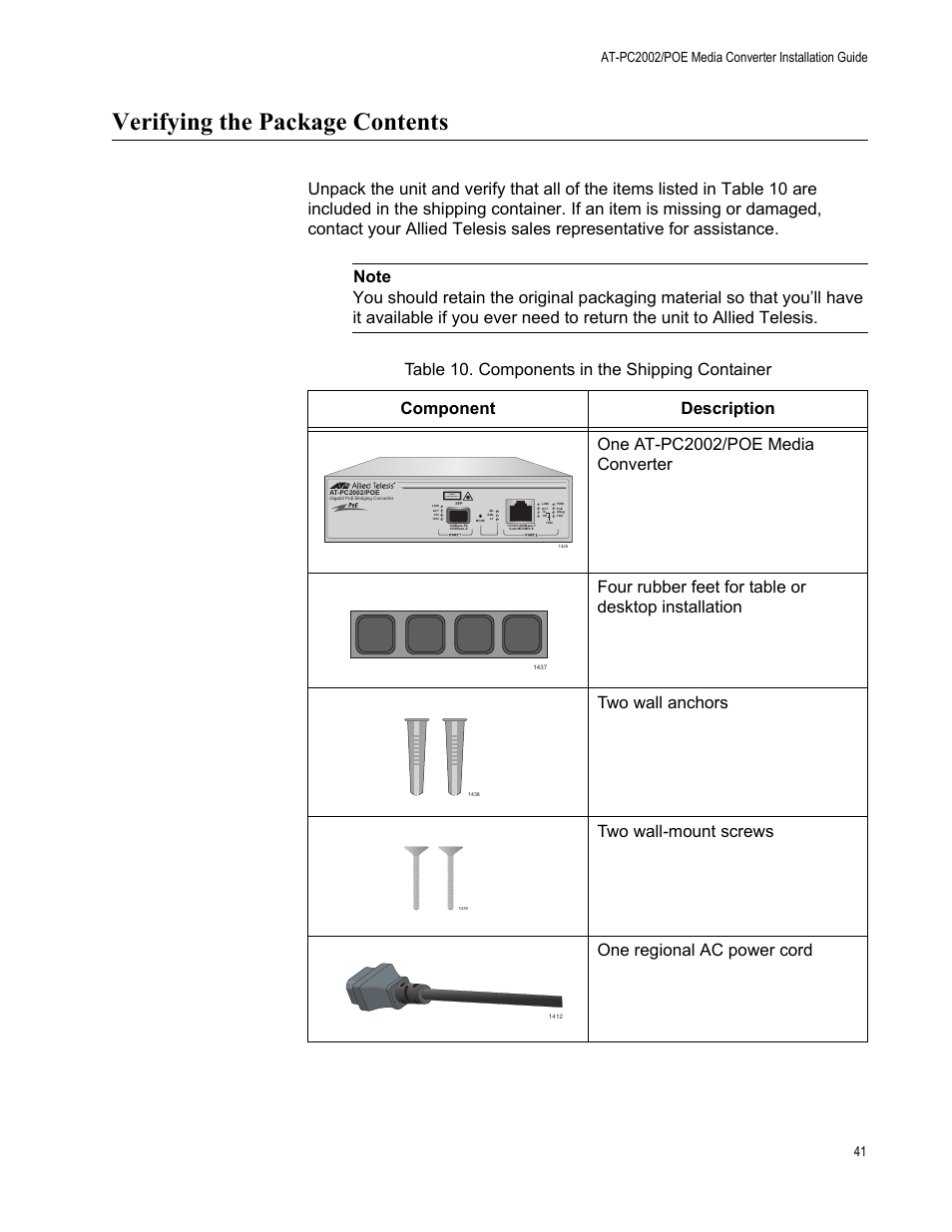 Verifying the package contents, Table 10: components in the shipping container, Class 1 laser product | Allied Telesis AT-PC2002/POE User Manual | Page 41 / 68