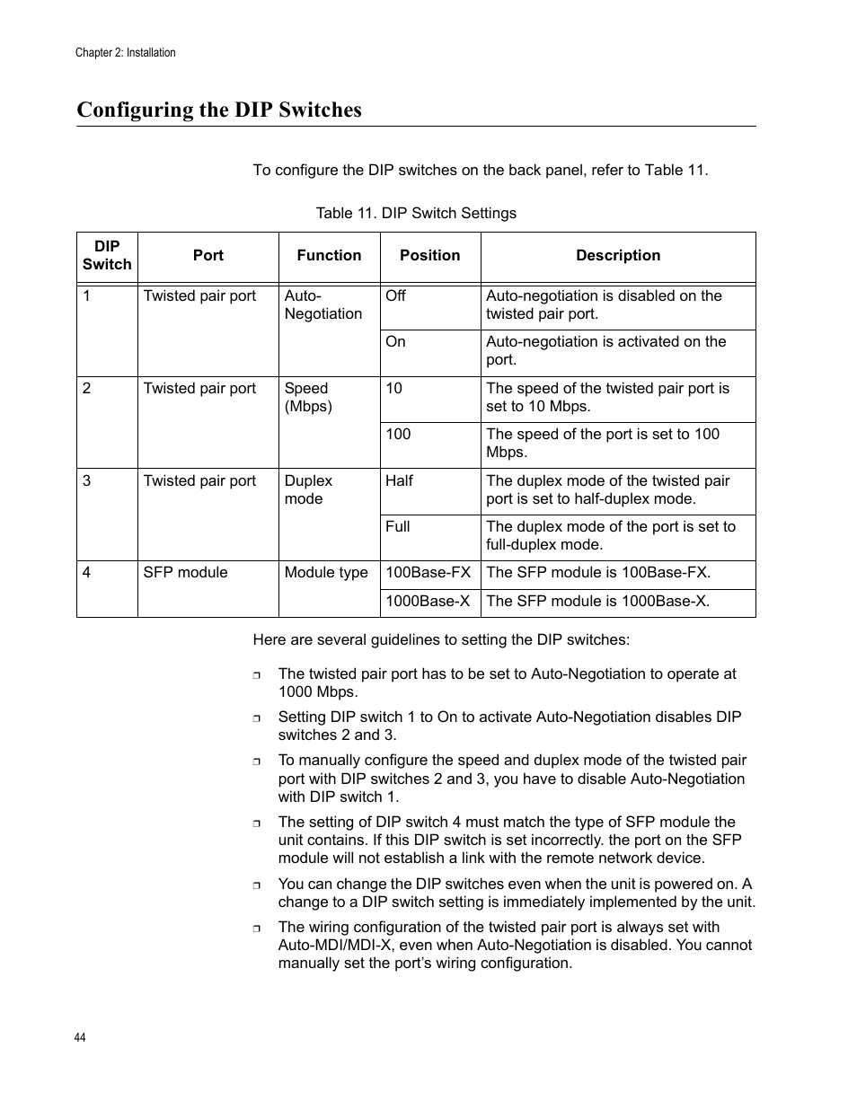 Configuring the dip switches, Table 11: dip switch settings | Allied Telesis AT-PC2002/POE User Manual | Page 44 / 68