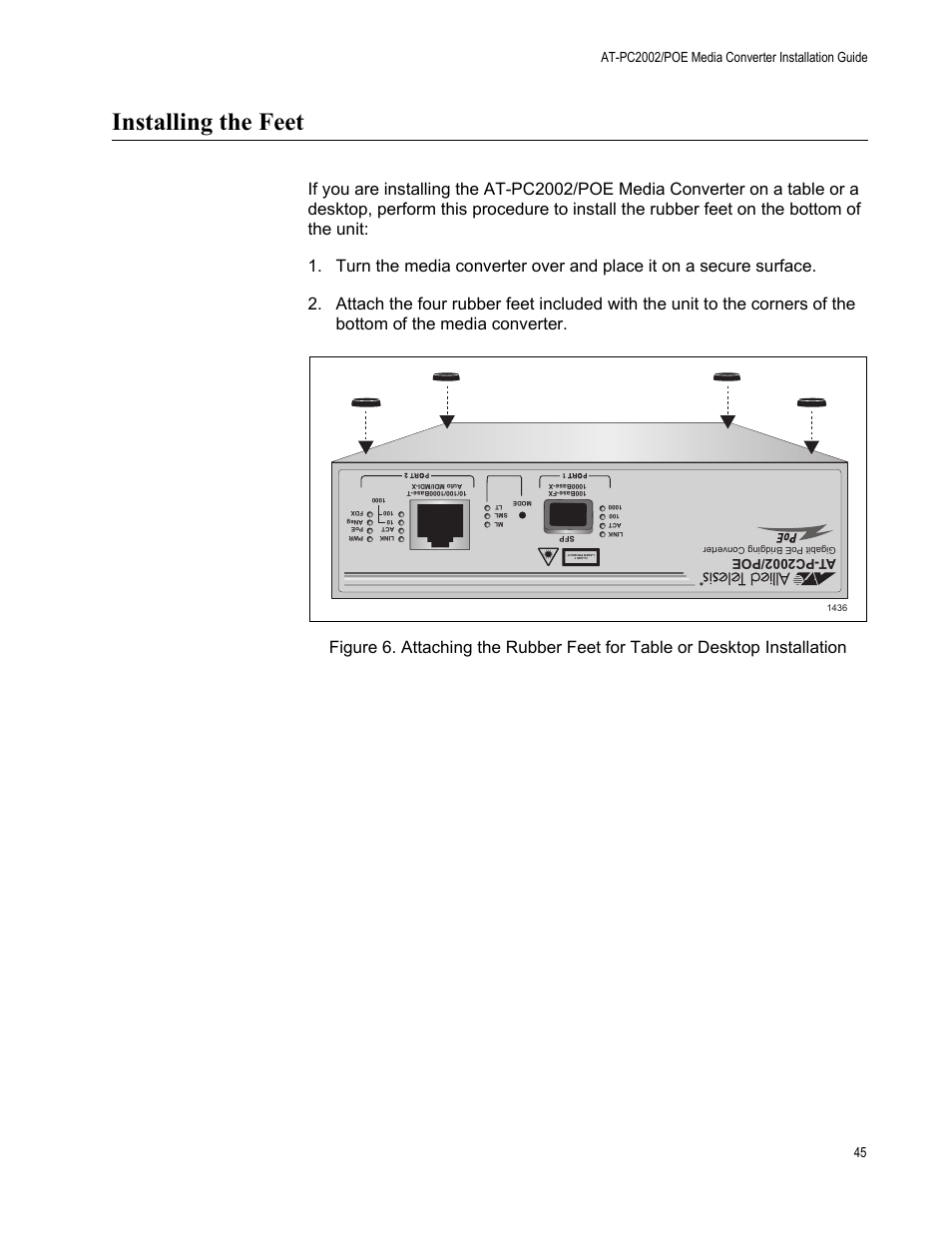 Installing the feet, At-pc2002/poe | Allied Telesis AT-PC2002/POE User Manual | Page 45 / 68