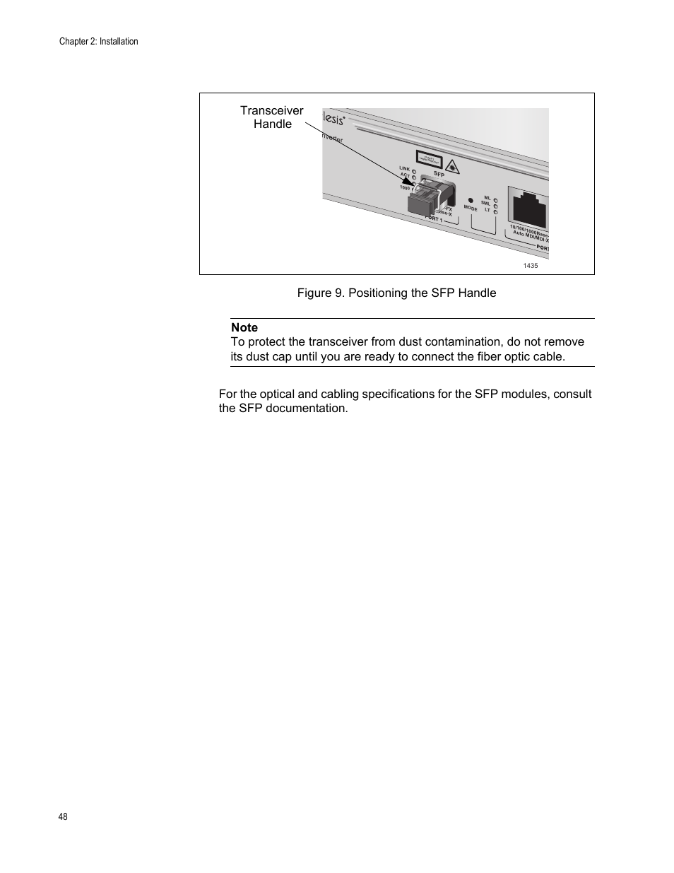 Figure 9: positioning the sfp handle, Transceiver handle, Chapter 2: installation 48 | Allied Telesis AT-PC2002/POE User Manual | Page 48 / 68