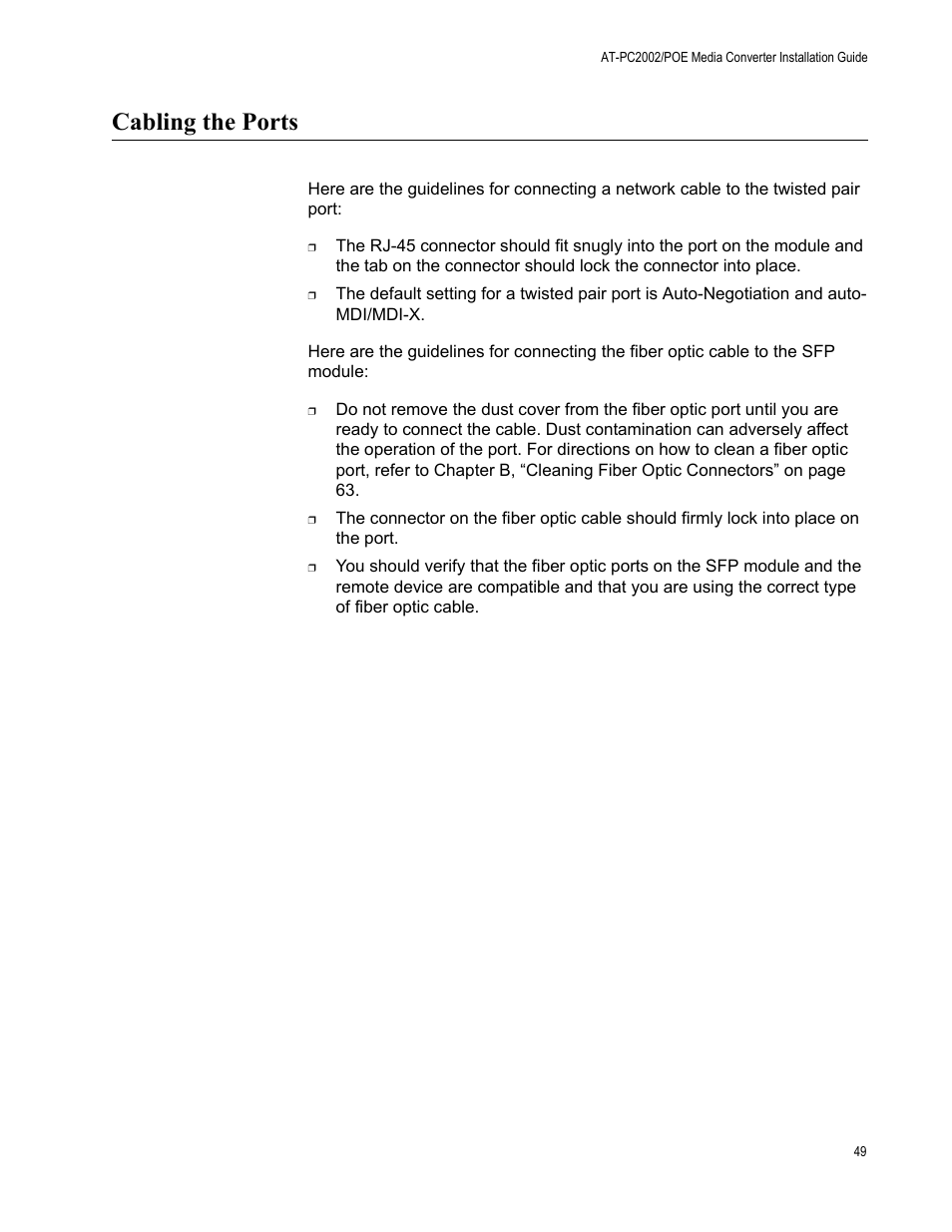 Cabling the ports | Allied Telesis AT-PC2002/POE User Manual | Page 49 / 68