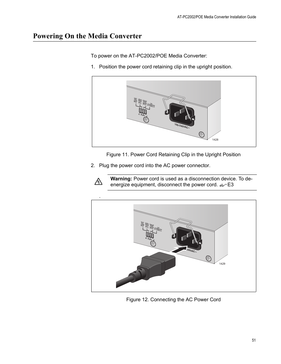Powering on the media converter | Allied Telesis AT-PC2002/POE User Manual | Page 51 / 68