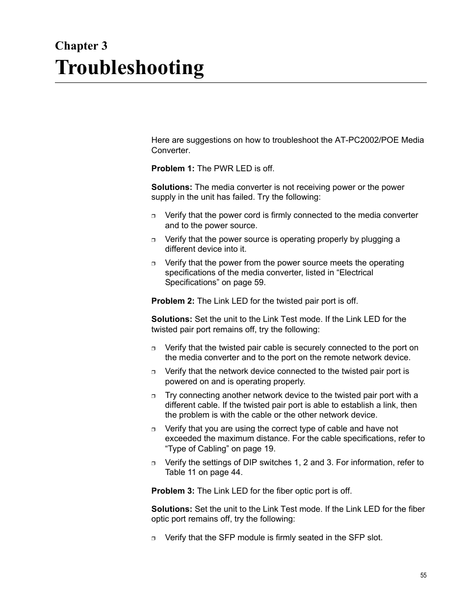 Chapter 3, Troubleshooting, R 3: troubleshooting | Allied Telesis AT-PC2002/POE User Manual | Page 55 / 68