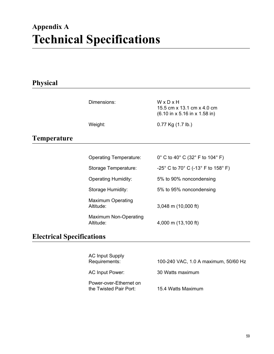 Appendix a, Technical specifications, Physical | Temperature, Electrical specifications, Appendix a: technical specifications, Physical temperature electrical specifications | Allied Telesis AT-PC2002/POE User Manual | Page 59 / 68