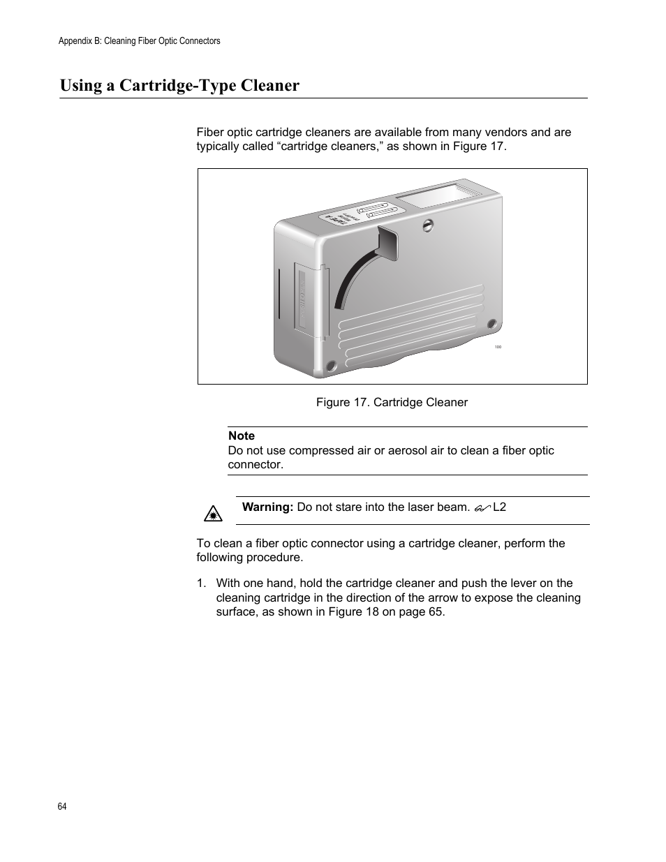 Using a cartridge-type cleaner, Figure 17: cartridge cleaner | Allied Telesis AT-PC2002/POE User Manual | Page 64 / 68