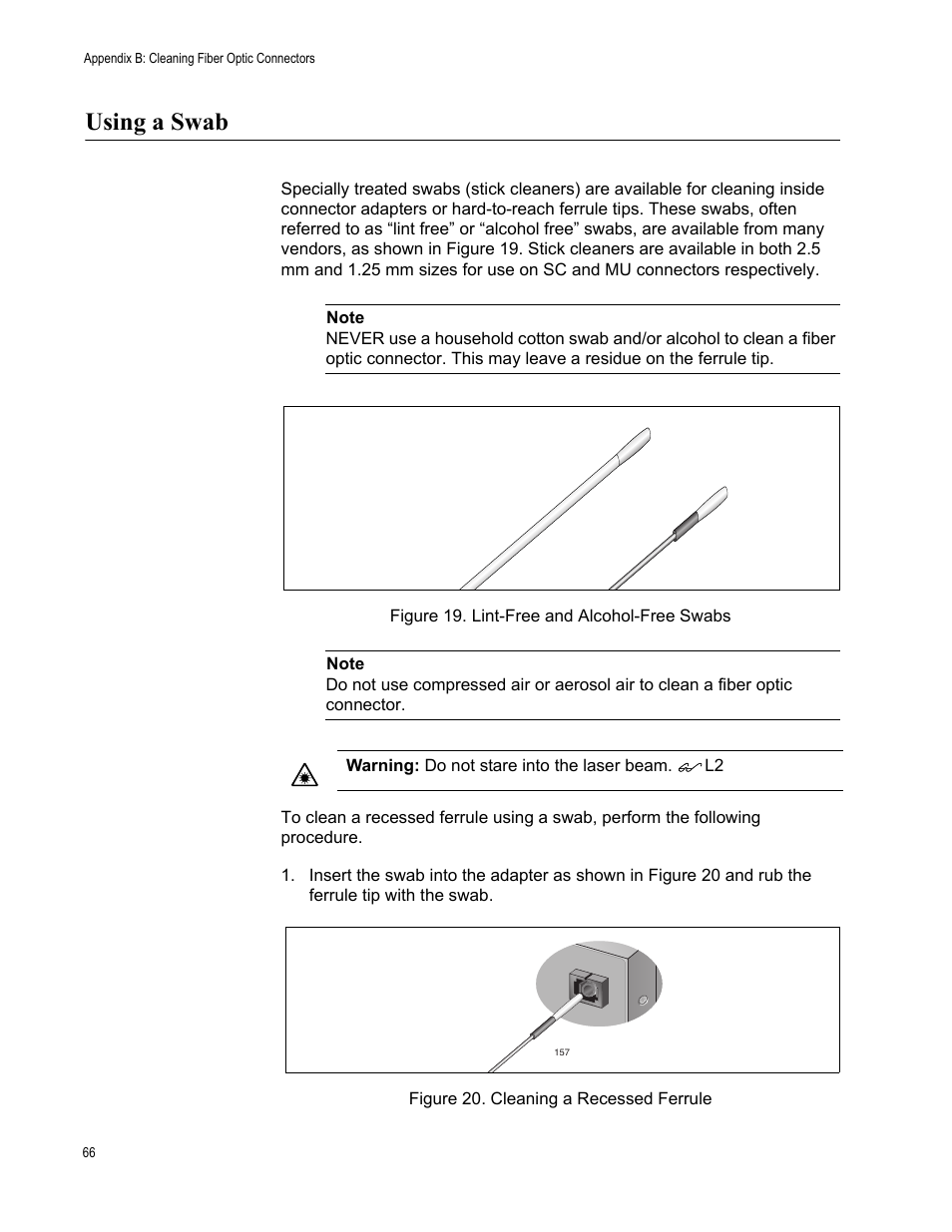 Using a swab, Figure 19: lint-free and alcohol-free swabs, Cleaning a recessed ferrule | Allied Telesis AT-PC2002/POE User Manual | Page 66 / 68