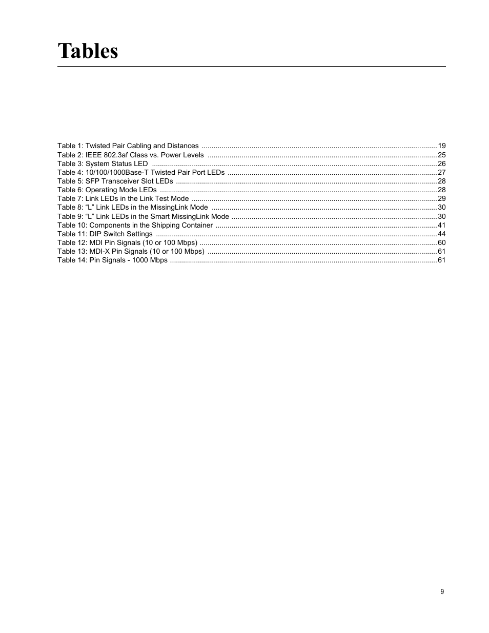 Tables | Allied Telesis AT-PC2002/POE User Manual | Page 9 / 68