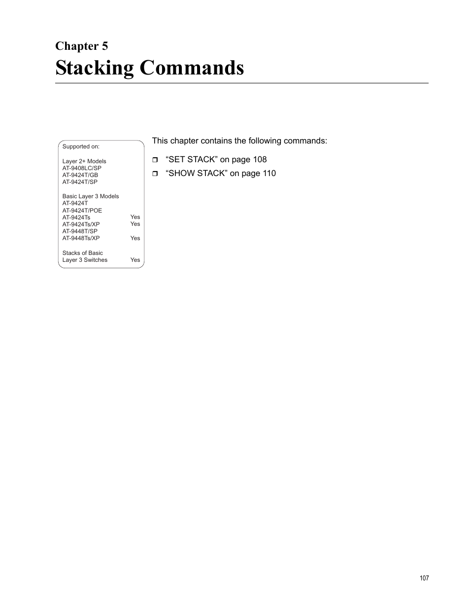 Chapter 5, Stacking commands, R 5: stacking commands | Allied Telesis AT-S63 User Manual | Page 107 / 836