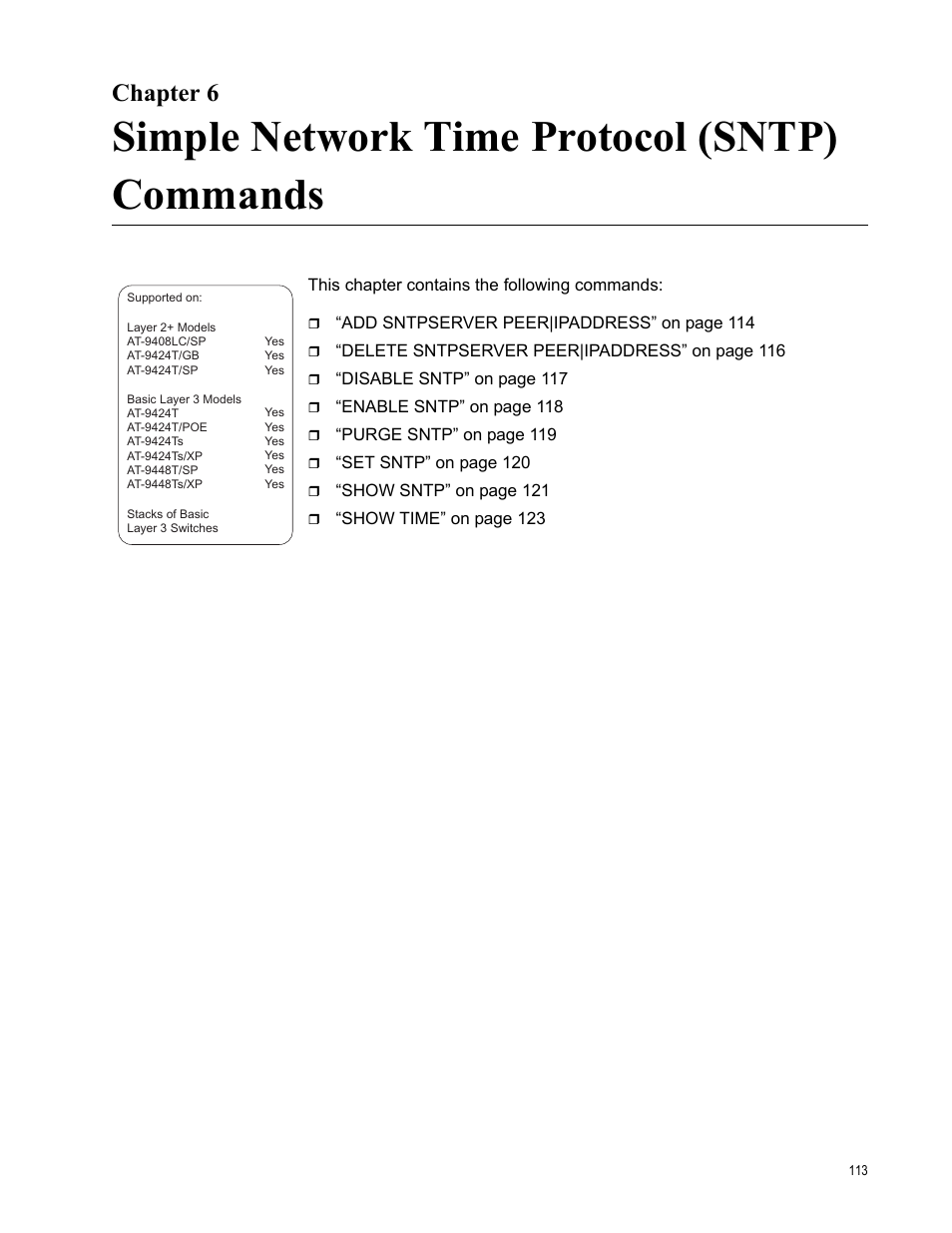 Chapter 6, Simple network time protocol (sntp) commands, R 6: simple network time protocol (sntp) commands | Allied Telesis AT-S63 User Manual | Page 113 / 836