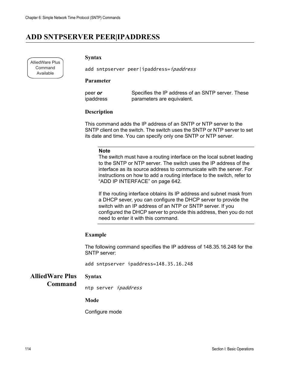Add sntpserver peer|ipaddress, Alliedware plus command | Allied Telesis AT-S63 User Manual | Page 114 / 836