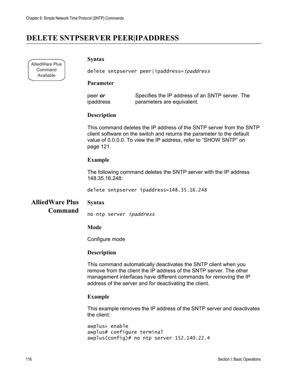 Delete sntpserver peer|ipaddress, Alliedware plus command | Allied Telesis AT-S63 User Manual | Page 116 / 836