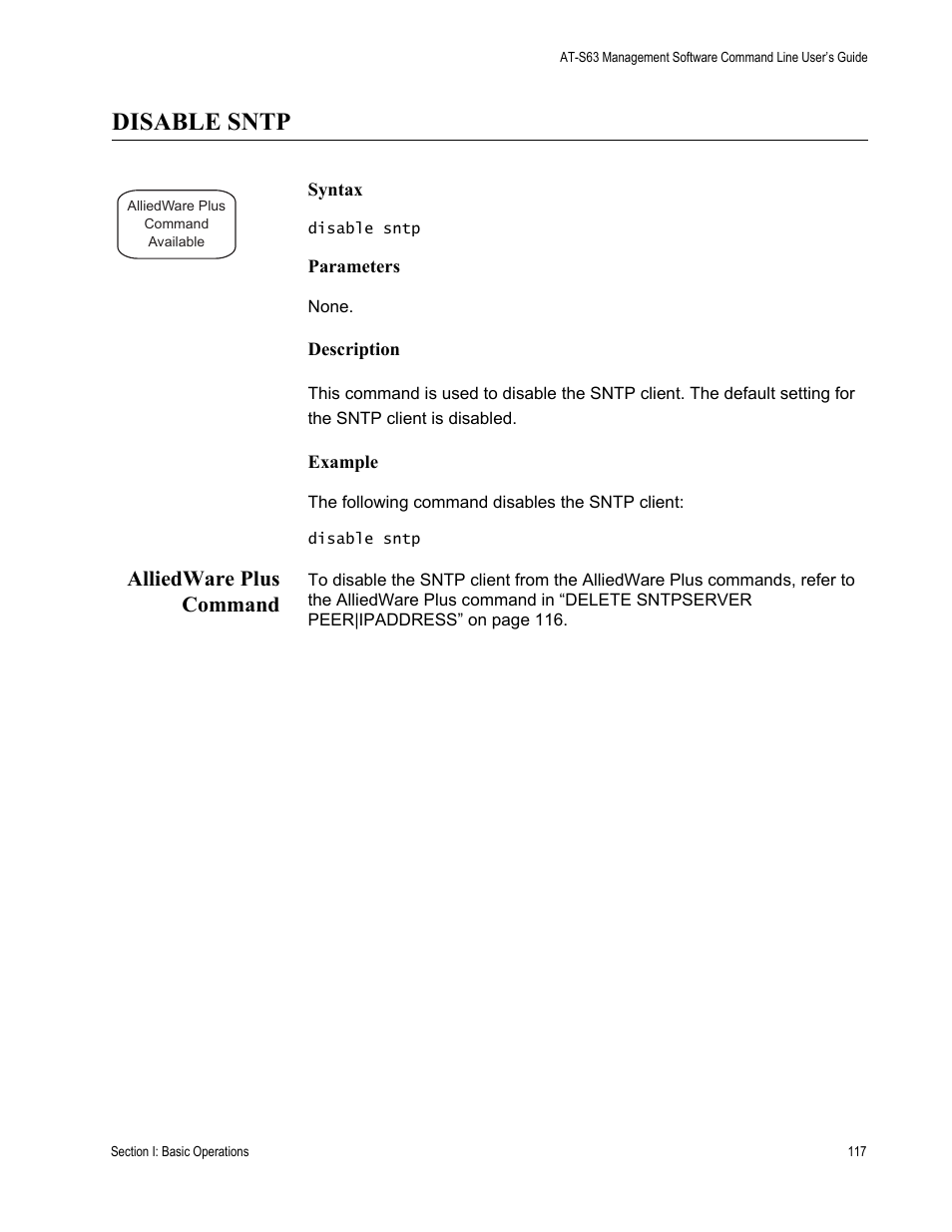 Disable sntp, Alliedware plus command | Allied Telesis AT-S63 User Manual | Page 117 / 836