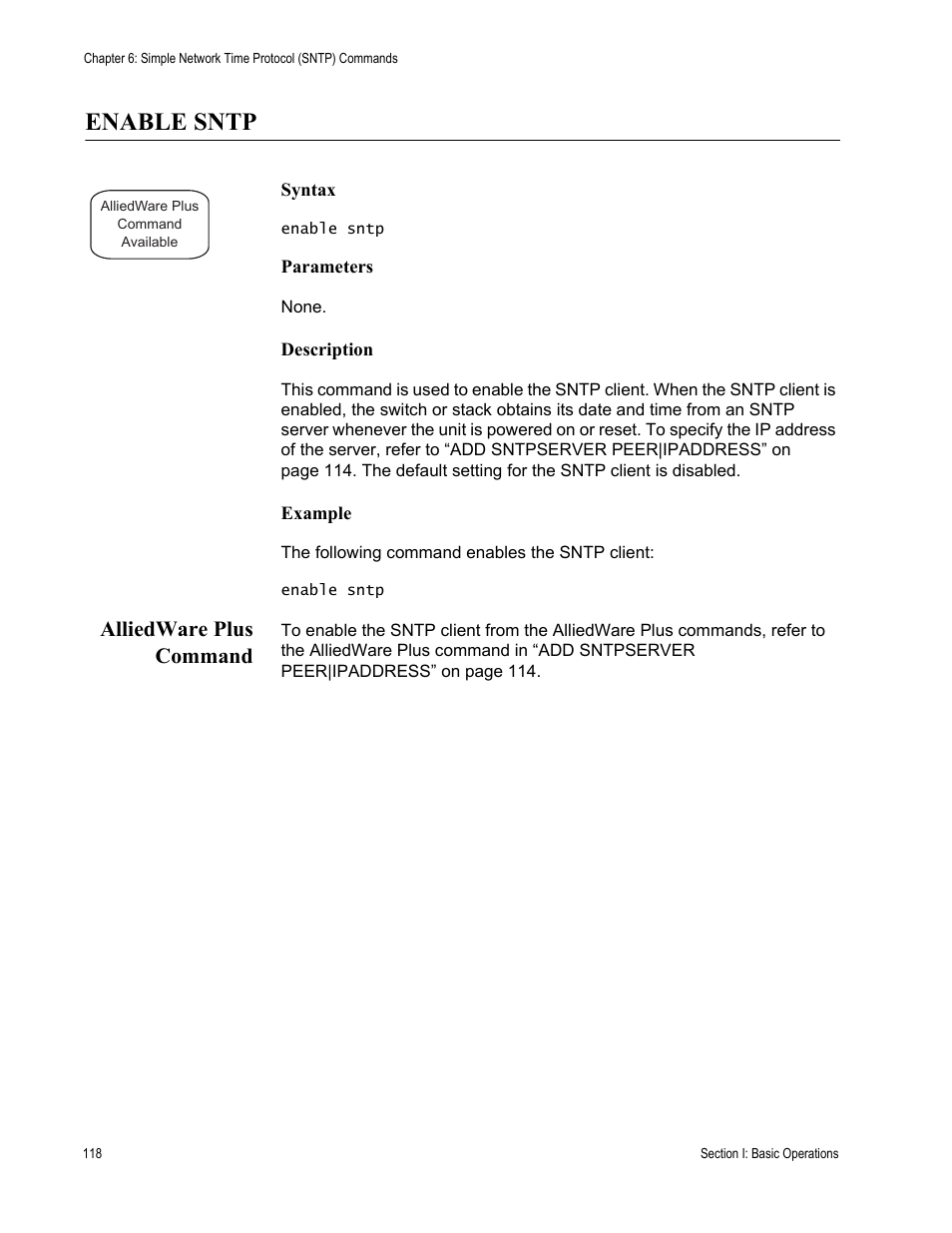 Enable sntp, Alliedware plus command | Allied Telesis AT-S63 User Manual | Page 118 / 836