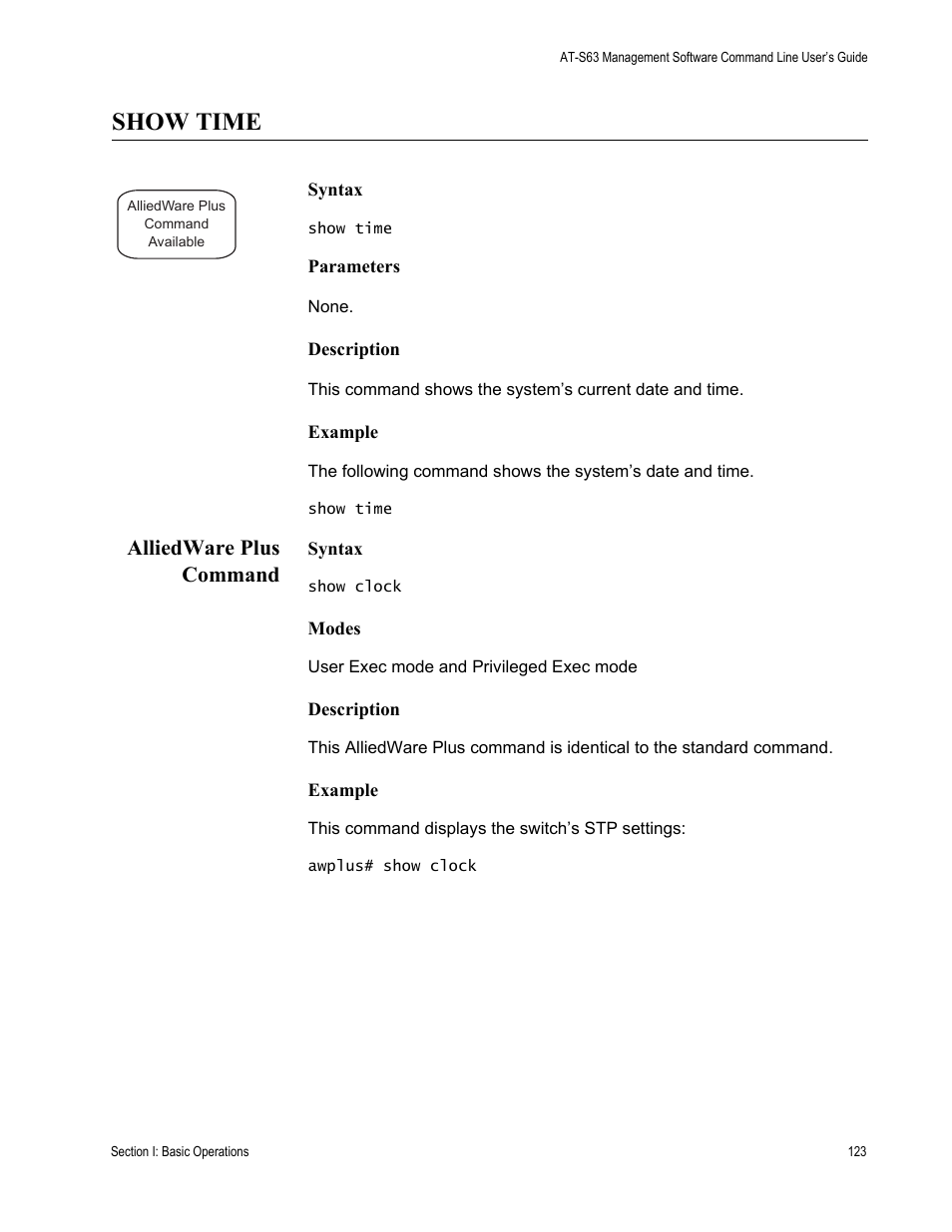 Show time, Alliedware plus command | Allied Telesis AT-S63 User Manual | Page 123 / 836
