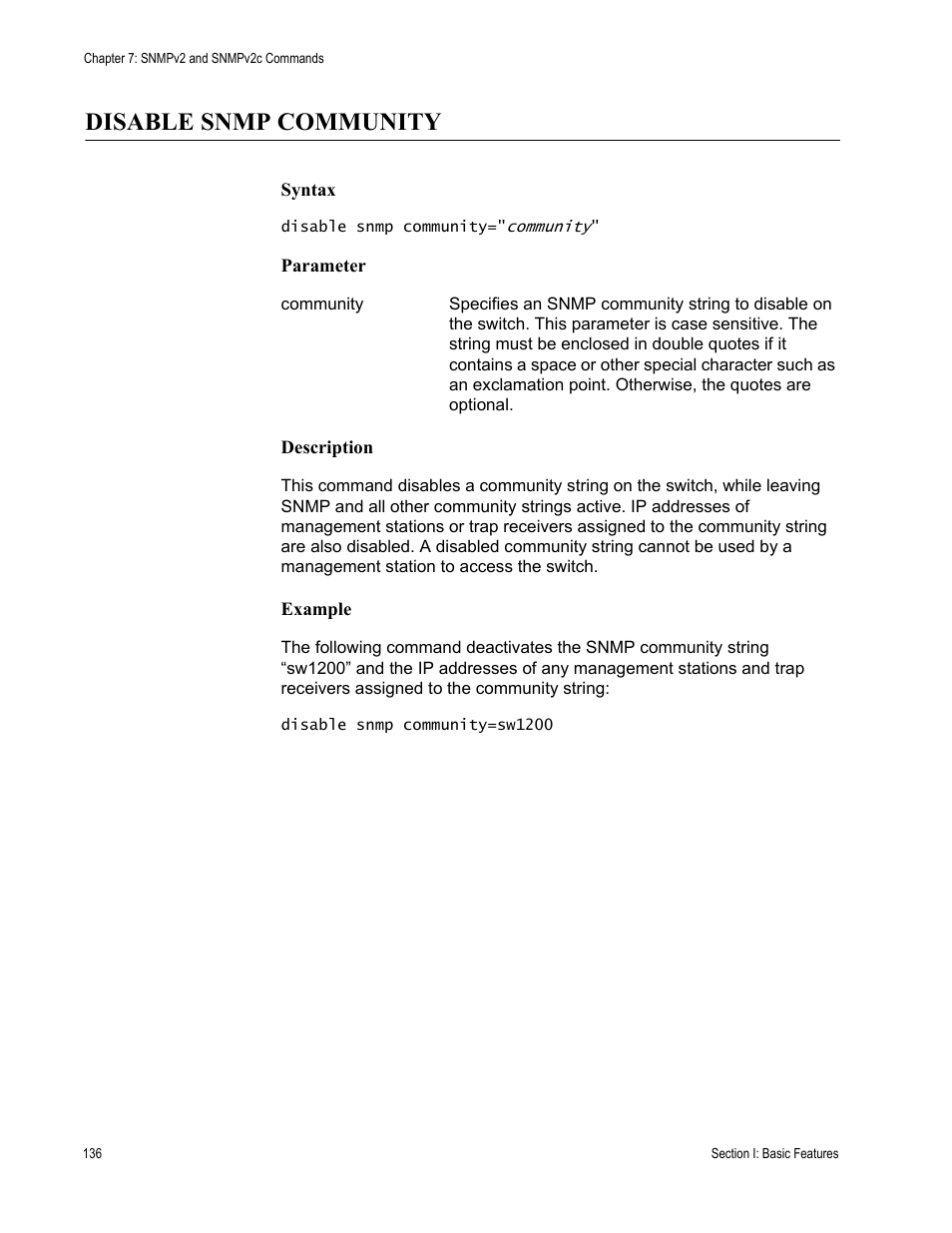 Disable snmp community | Allied Telesis AT-S63 User Manual | Page 136 / 836