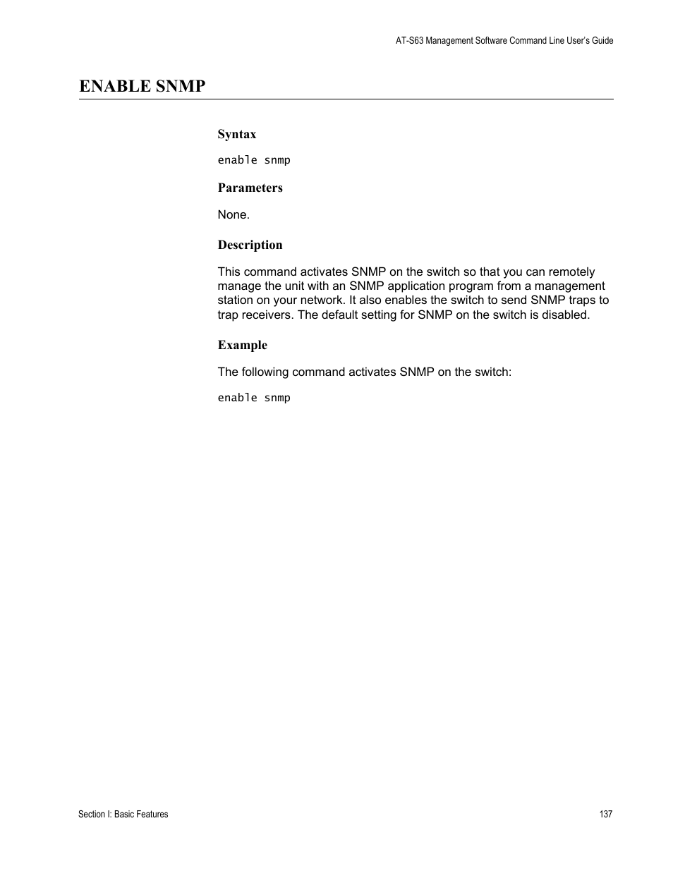 Enable snmp | Allied Telesis AT-S63 User Manual | Page 137 / 836