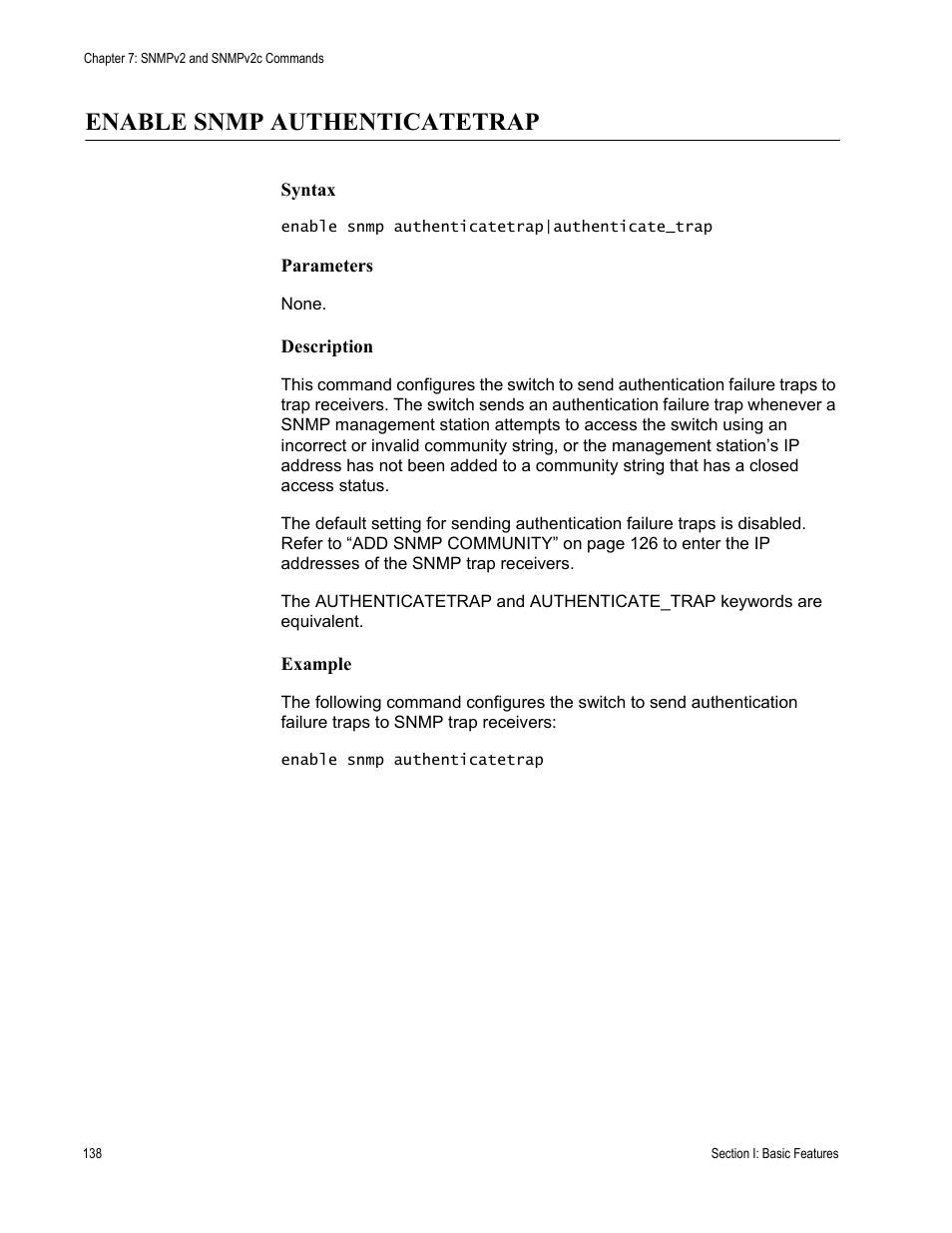 Enable snmp authenticatetrap | Allied Telesis AT-S63 User Manual | Page 138 / 836