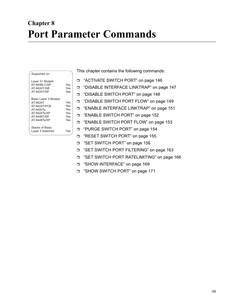 Chapter 8, Port parameter commands, Chapter 8: port parameter commands | Allied Telesis AT-S63 User Manual | Page 145 / 836