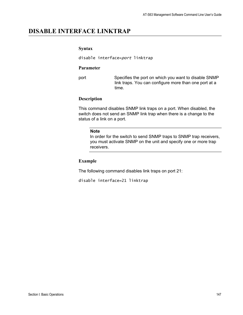 Disable interface linktrap | Allied Telesis AT-S63 User Manual | Page 147 / 836