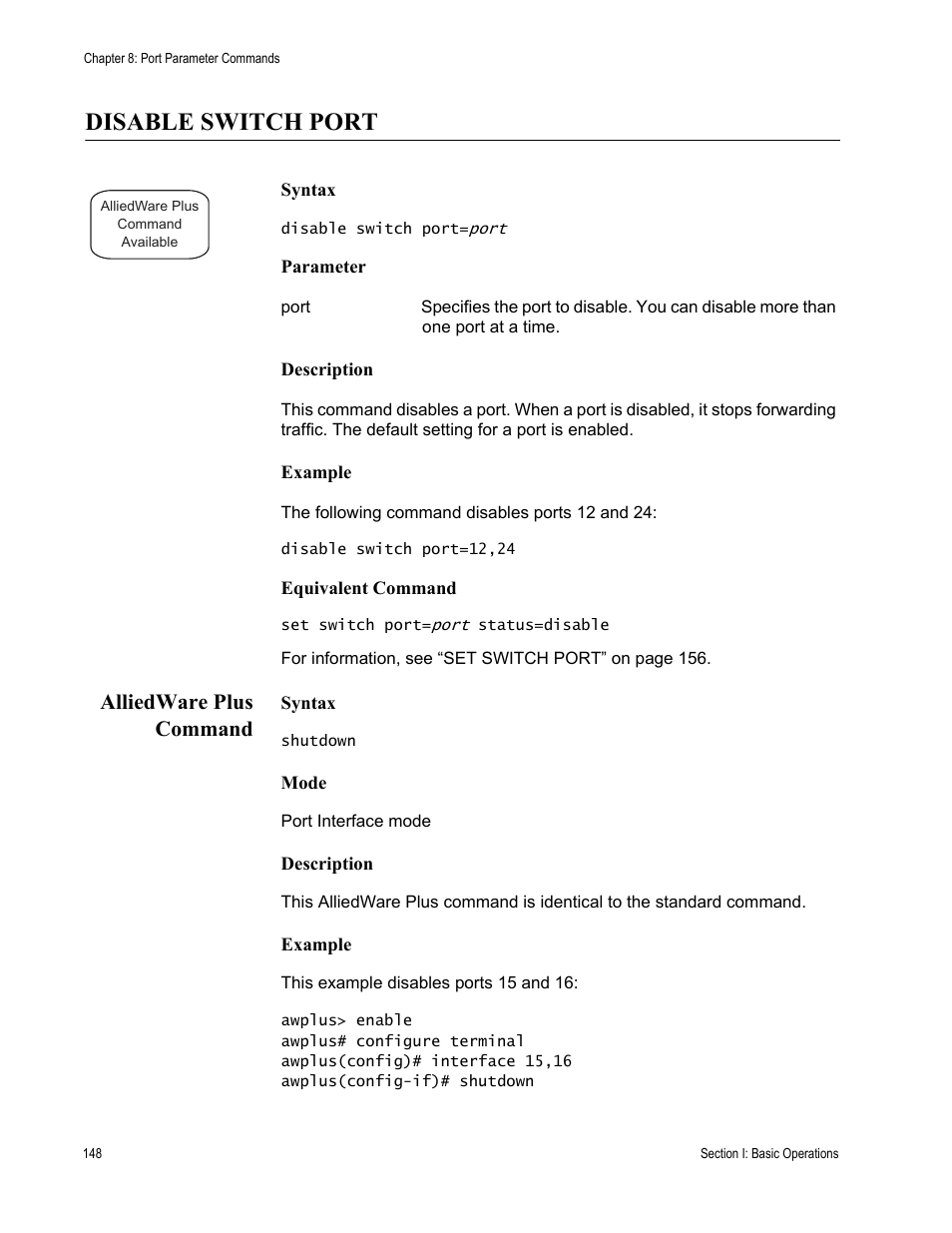 Disable switch port, Alliedware plus command | Allied Telesis AT-S63 User Manual | Page 148 / 836