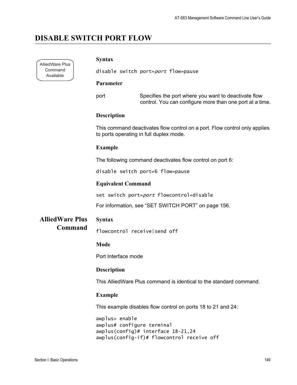 Disable switch port flow, Alliedware plus command | Allied Telesis AT-S63 User Manual | Page 149 / 836