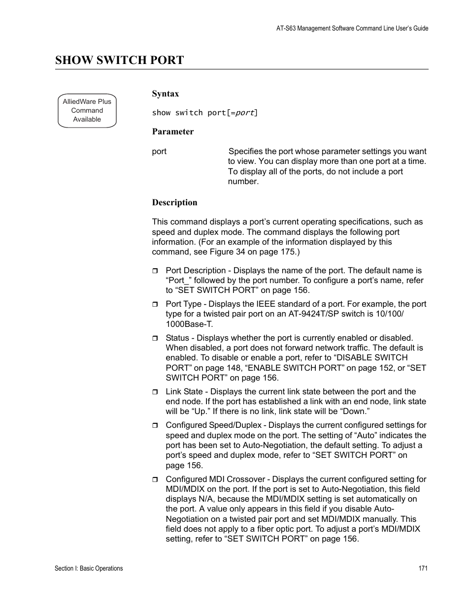 Show switch port | Allied Telesis AT-S63 User Manual | Page 171 / 836