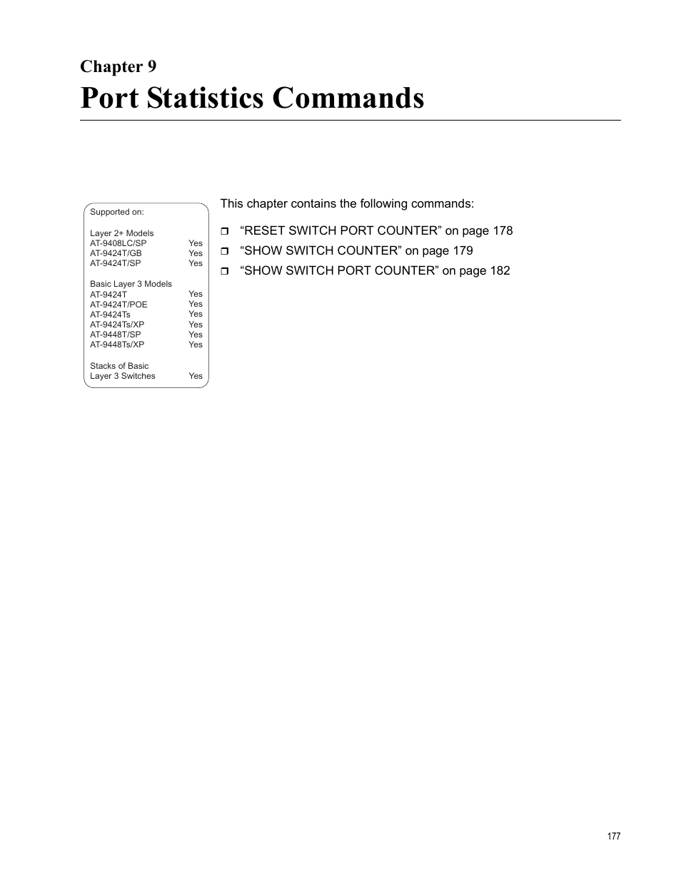 Chapter 9, Port statistics commands, Chapter 9: port statistics commands | Allied Telesis AT-S63 User Manual | Page 177 / 836
