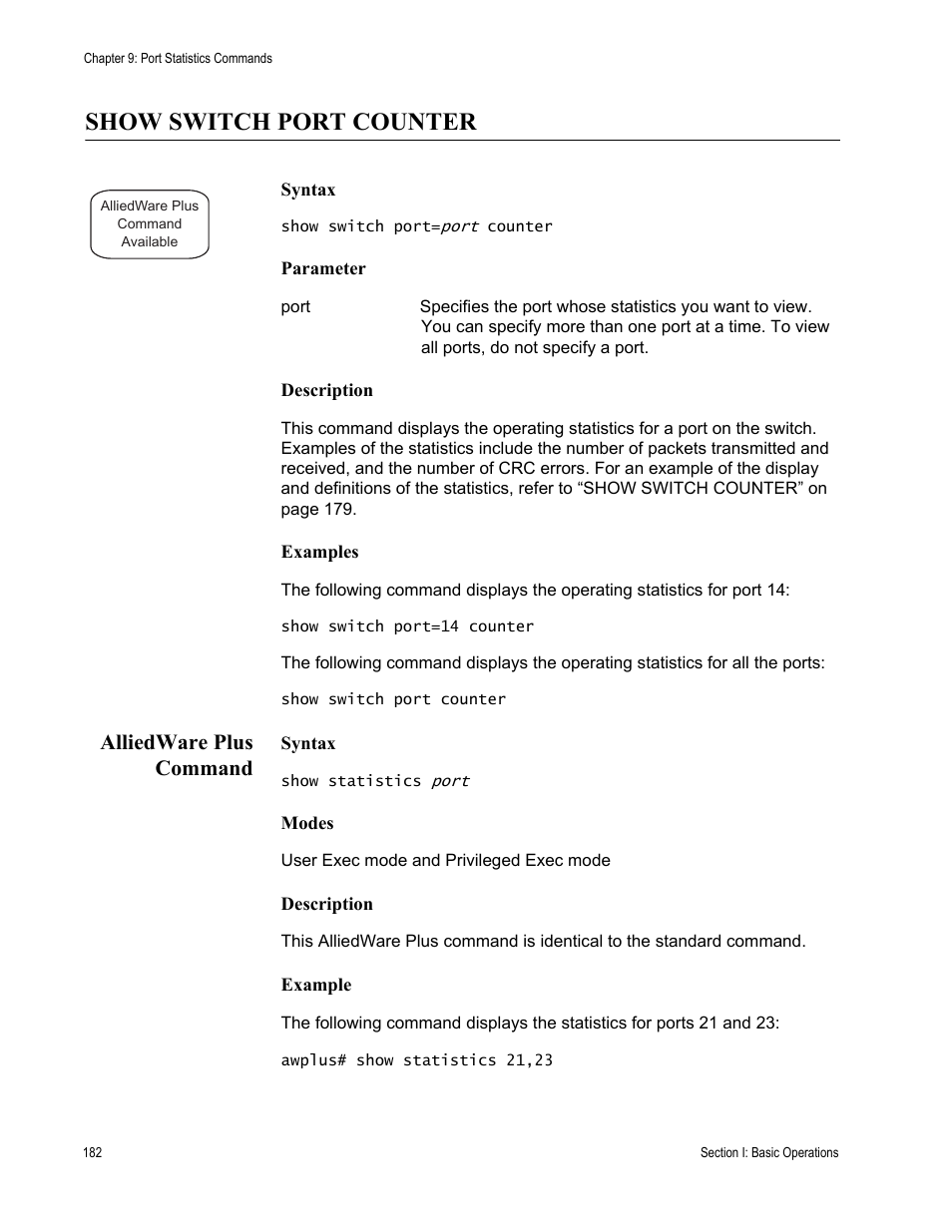 Show switch port counter, Alliedware plus command | Allied Telesis AT-S63 User Manual | Page 182 / 836