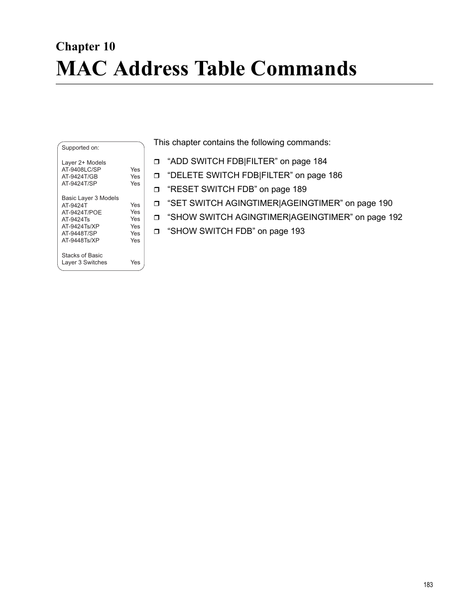 Chapter 10, Mac address table commands | Allied Telesis AT-S63 User Manual | Page 183 / 836