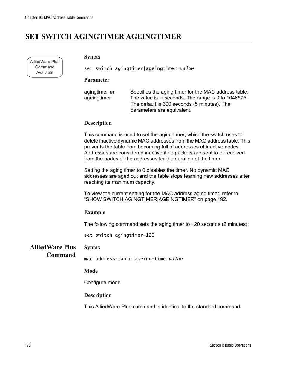 Set switch agingtimer|ageingtimer, Alliedware plus command | Allied Telesis AT-S63 User Manual | Page 190 / 836