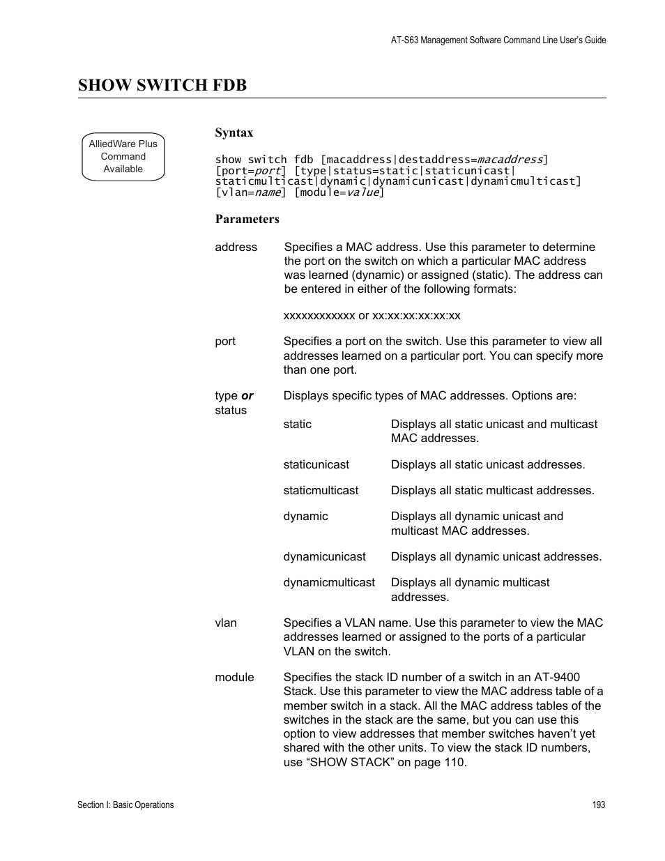 Show switch fdb | Allied Telesis AT-S63 User Manual | Page 193 / 836