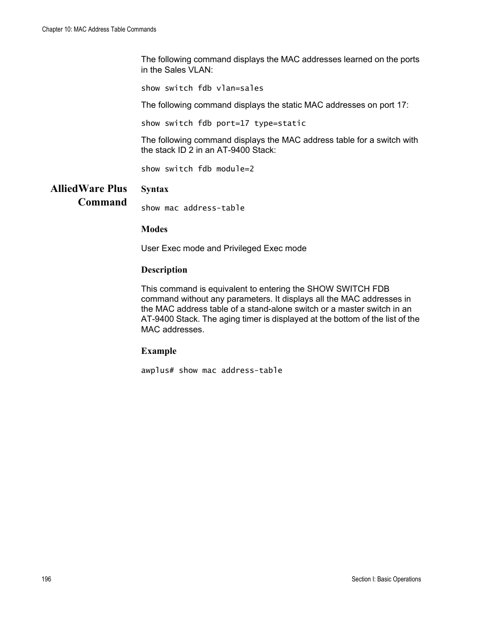 Alliedware plus command | Allied Telesis AT-S63 User Manual | Page 196 / 836