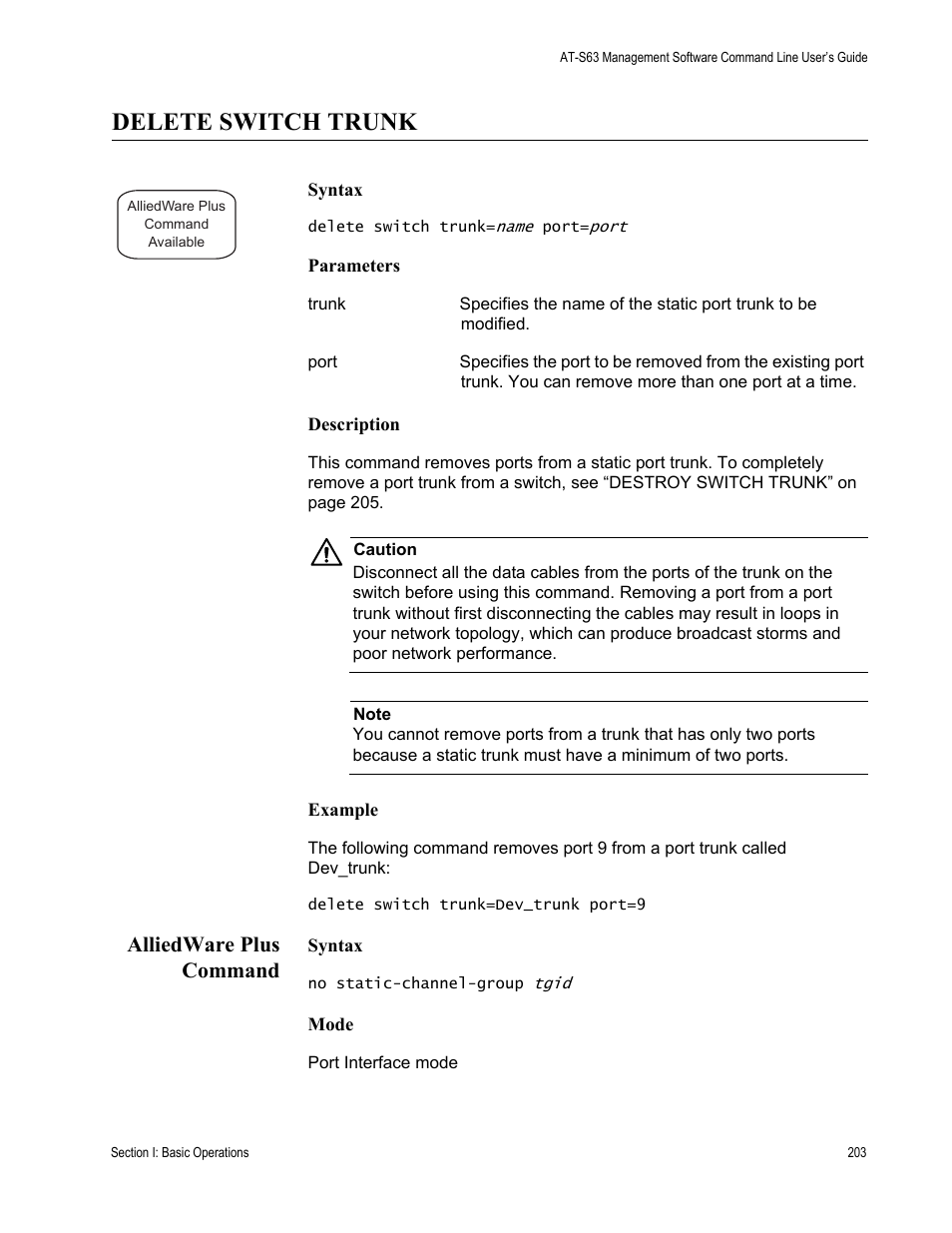 Delete switch trunk, Alliedware plus command | Allied Telesis AT-S63 User Manual | Page 203 / 836
