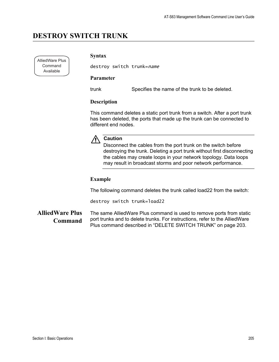 Destroy switch trunk, Alliedware plus command | Allied Telesis AT-S63 User Manual | Page 205 / 836