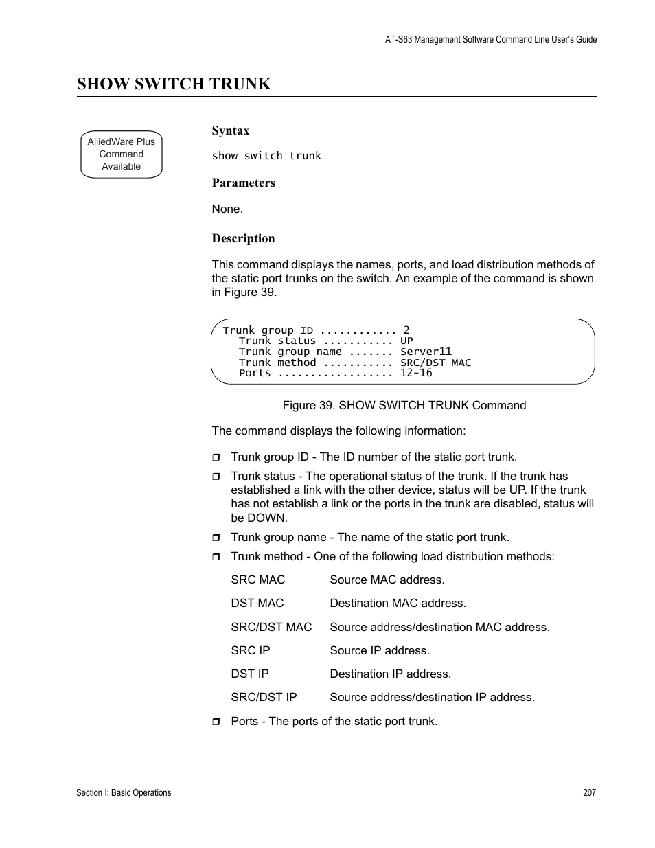 Show switch trunk | Allied Telesis AT-S63 User Manual | Page 207 / 836