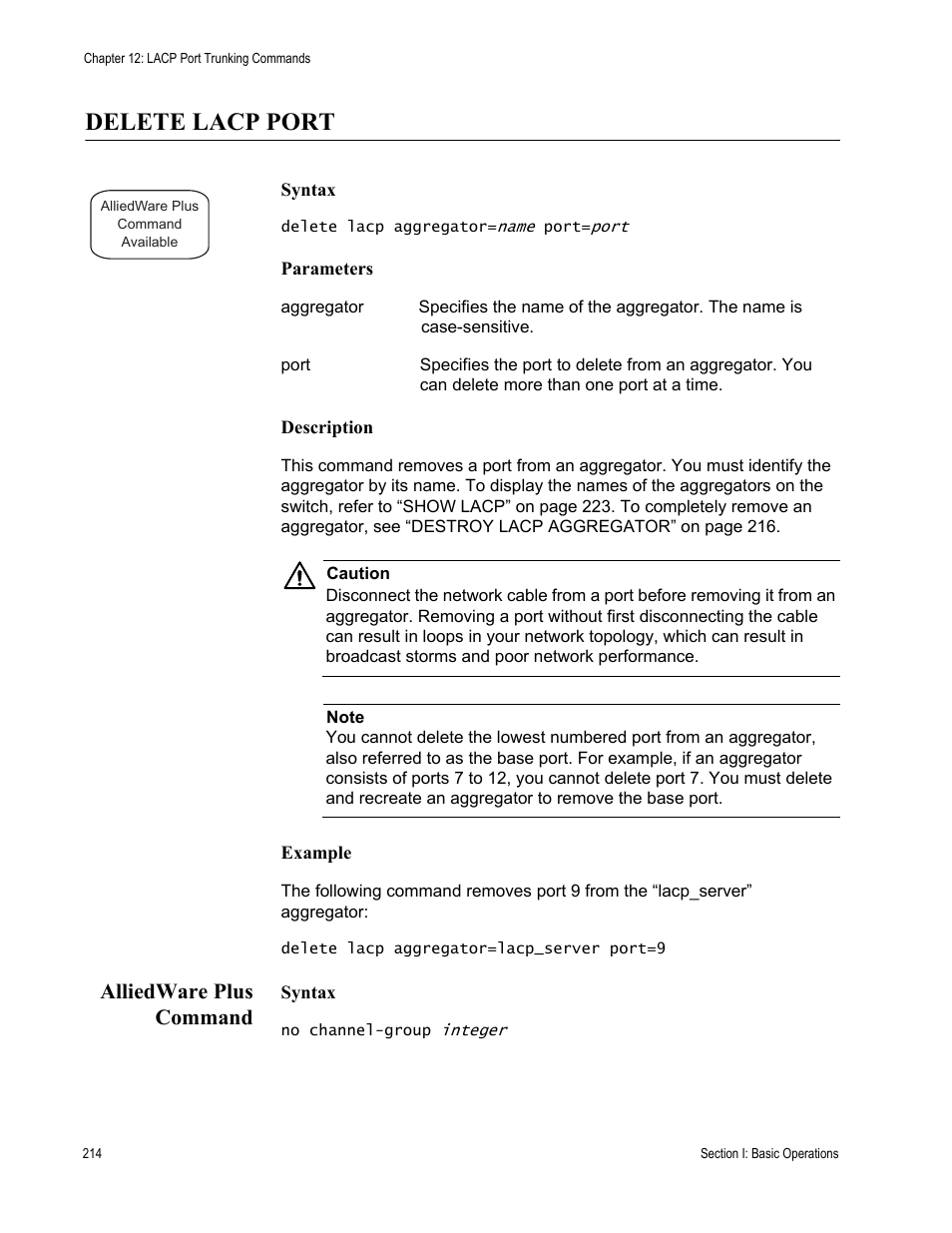 Delete lacp port, Alliedware plus command | Allied Telesis AT-S63 User Manual | Page 214 / 836