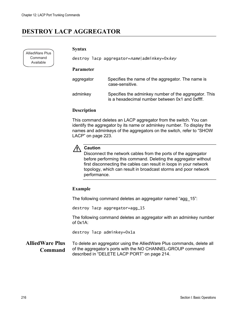 Destroy lacp aggregator, Alliedware plus command | Allied Telesis AT-S63 User Manual | Page 216 / 836