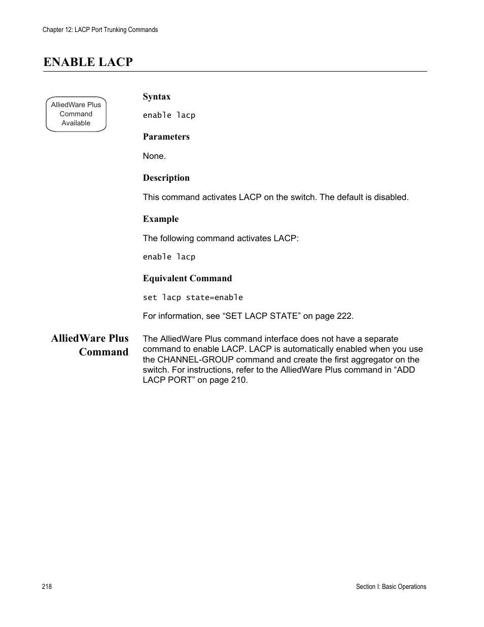 Enable lacp, Alliedware plus command | Allied Telesis AT-S63 User Manual | Page 218 / 836