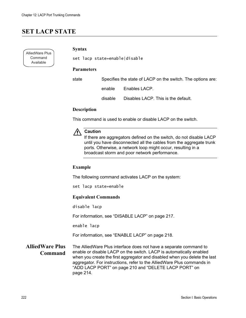 Set lacp state, Alliedware plus command | Allied Telesis AT-S63 User Manual | Page 222 / 836