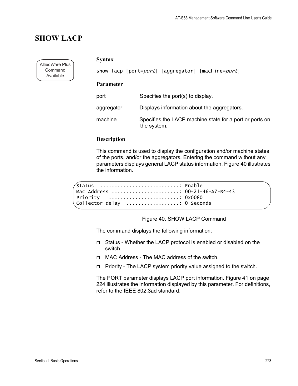 Show lacp | Allied Telesis AT-S63 User Manual | Page 223 / 836
