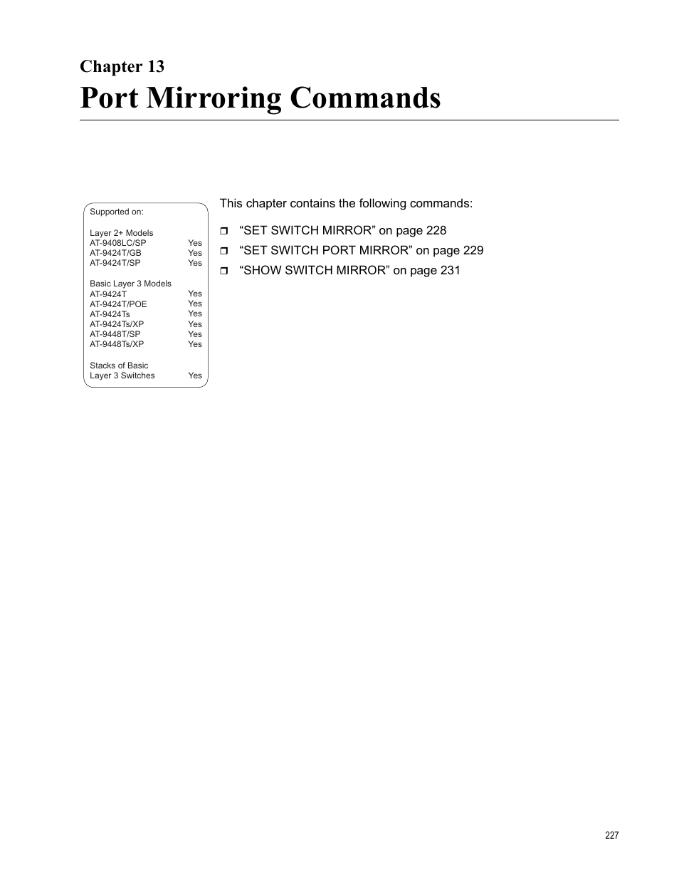 Chapter 13, Port mirroring commands, Chapter 13: port mirroring commands | Allied Telesis AT-S63 User Manual | Page 227 / 836