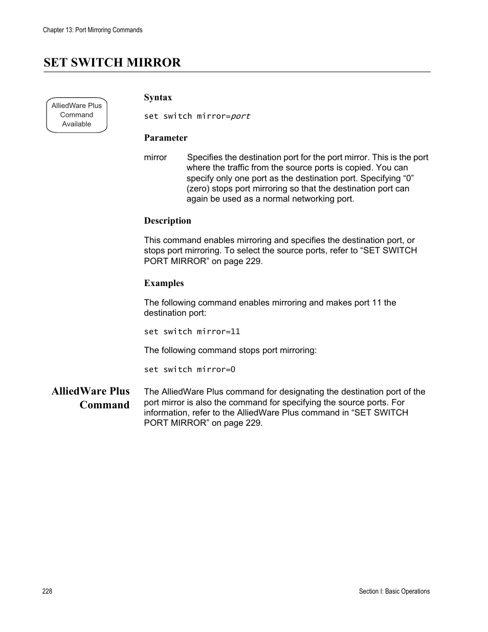 Set switch mirror, Alliedware plus command | Allied Telesis AT-S63 User Manual | Page 228 / 836