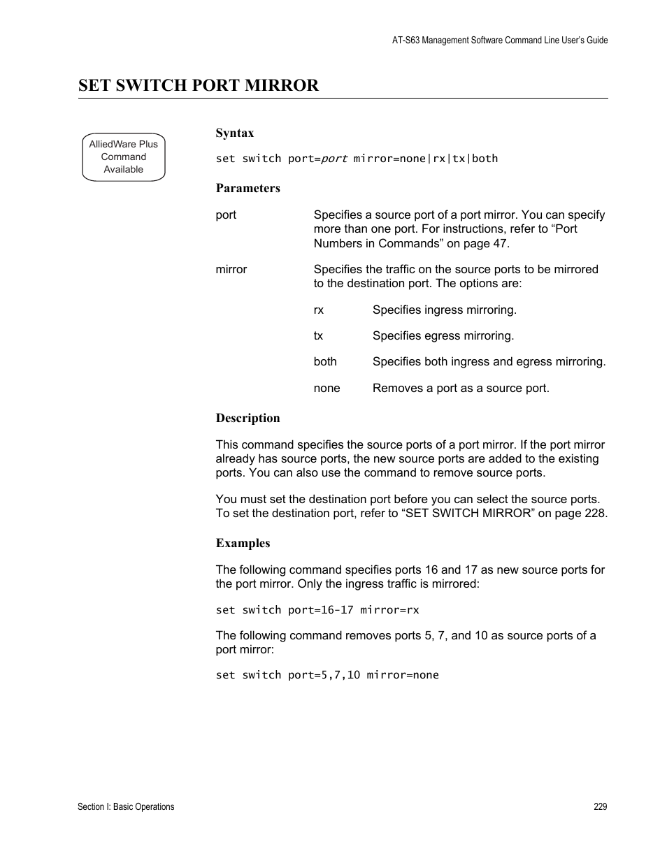 Set switch port mirror | Allied Telesis AT-S63 User Manual | Page 229 / 836