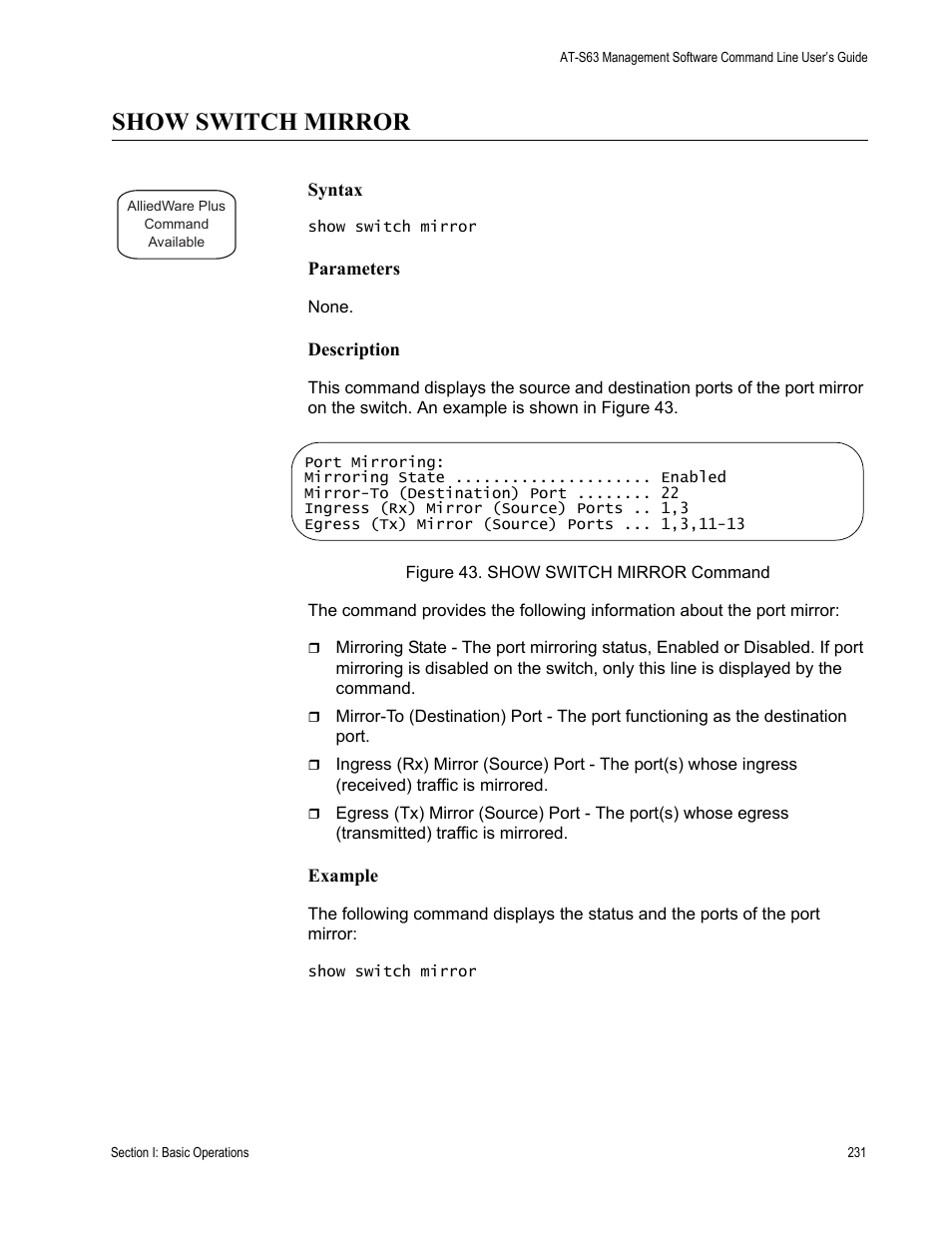 Show switch mirror | Allied Telesis AT-S63 User Manual | Page 231 / 836
