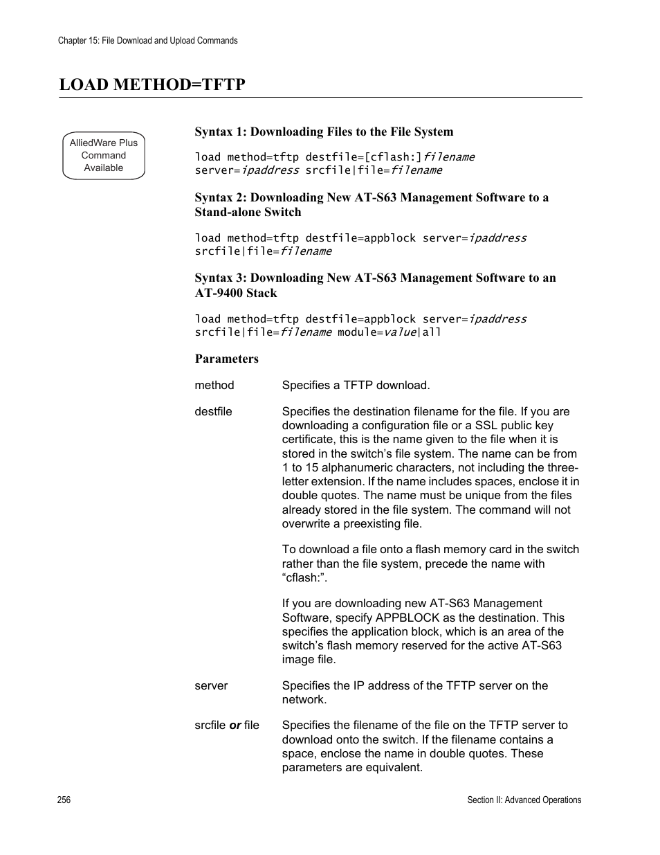 Load method=tftp | Allied Telesis AT-S63 User Manual | Page 256 / 836
