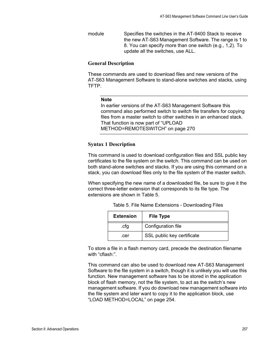 Table 5. file name extensions - downloading files | Allied Telesis AT-S63 User Manual | Page 257 / 836